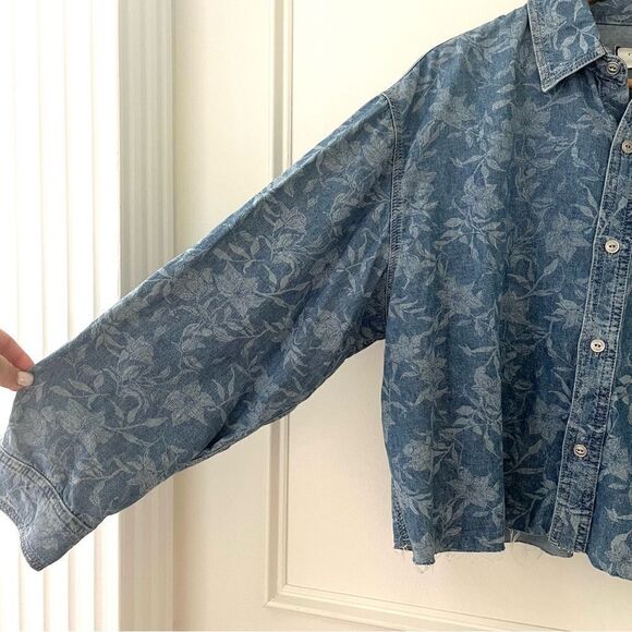 Rag & Bone Floral Cropped Button Up Denim Shirt with Raw Hem Sz Large NWT - Picture 5 of 14